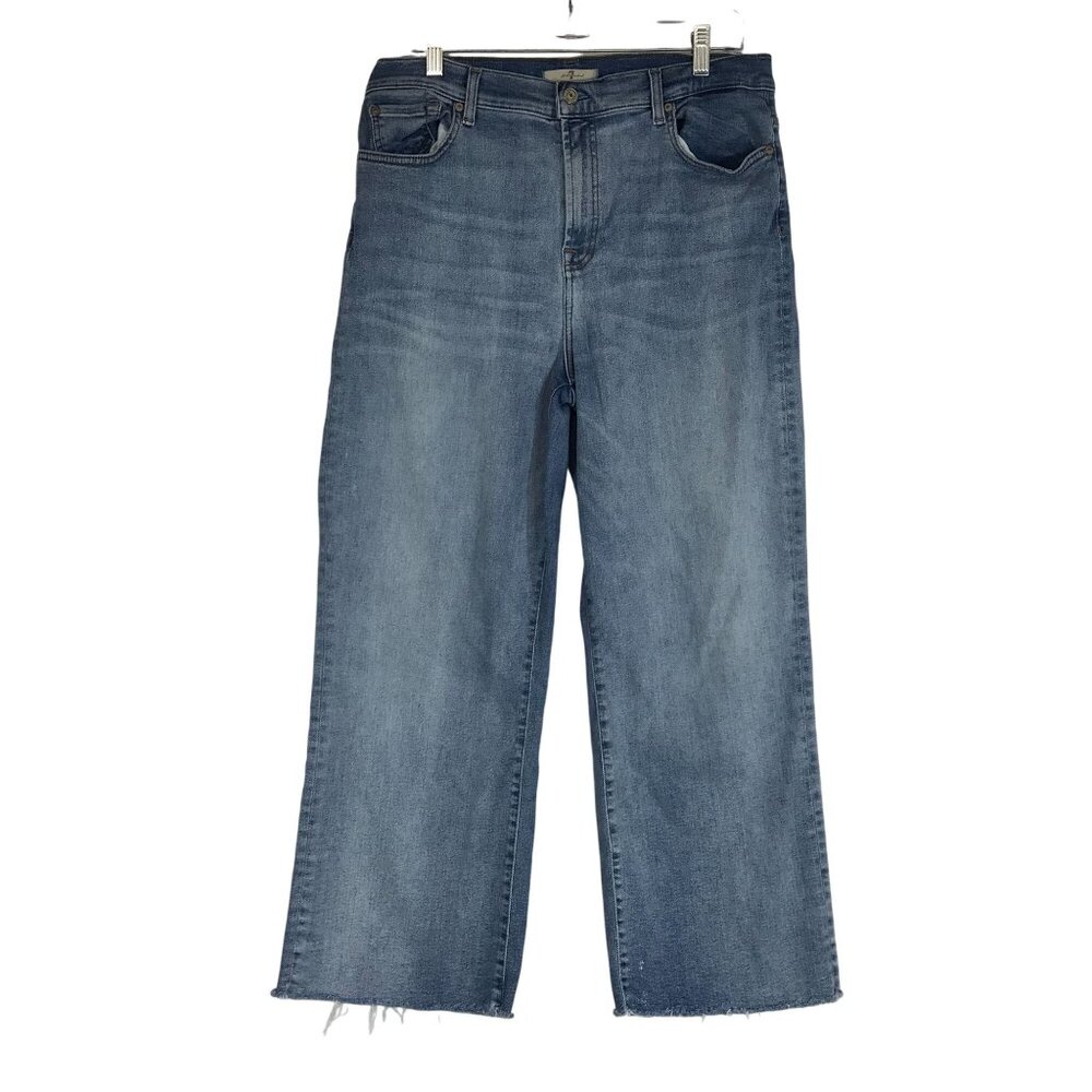7 FOR ALL MAN KIND -WOMEN'S 32 - BLUE DENIM STRAIGHT LEG FRAYED HEM JEANS
